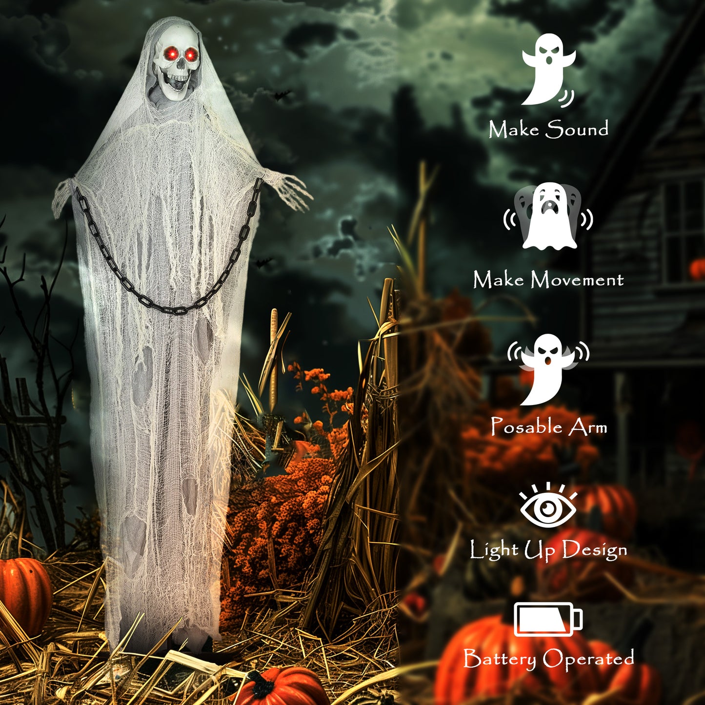 183 cm Life Size Halloween Animated Skeleton Grim Reaper with Glowing LED Eyes, Scary Halloween Decorations