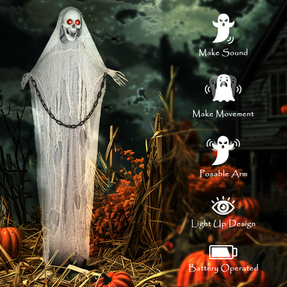 183 cm Life Size Halloween Animated Skeleton Grim Reaper with Glowing LED Eyes, Scary Halloween Decorations