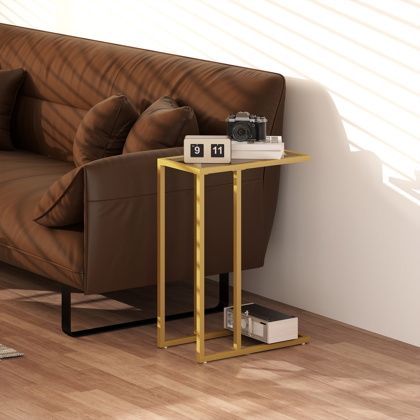 C-Shaped Side Table, Modern Slim End Table with Tempered Glass Tabletop, Steel Frame for Small Space, Living Room, Bedroom