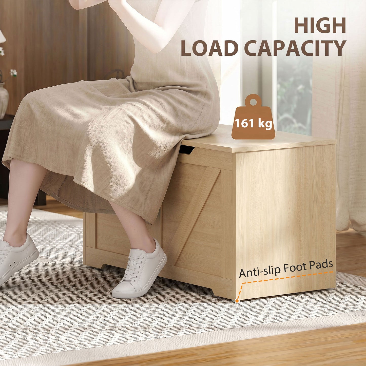 100L Home Storage Box, with Safety Hinge - Nature Wood Finish