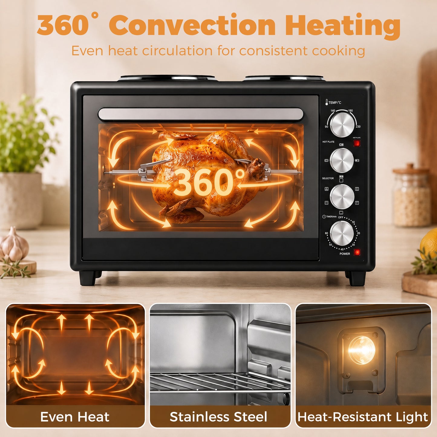 36L Mini Oven with Dual Hot Plates, Electric Countertop Cooker with Convection, 90–230°C Adjustable Temperature