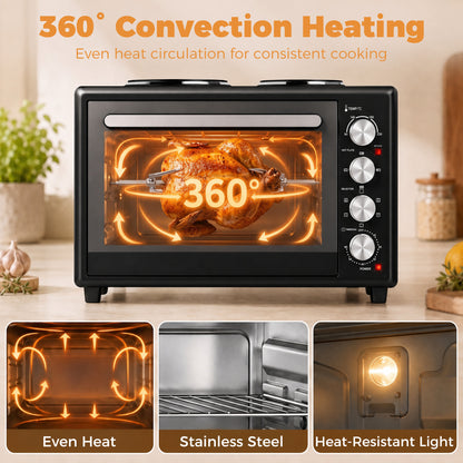 36L Mini Oven with Dual Hot Plates, Electric Countertop Cooker with Convection, 90–230°C Adjustable Temperature