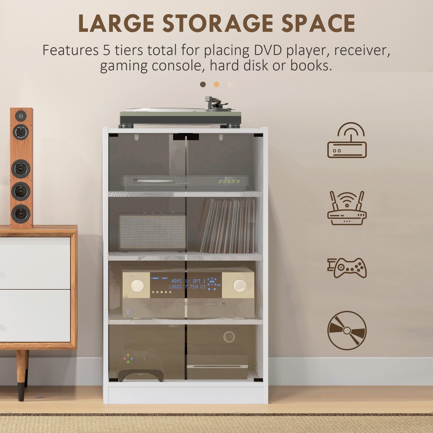 4-Tier Hi-Fi Stand, Record Player Stand with Adjustable Shelves and Push-to-Open Glass Doors, White Wood-Effect