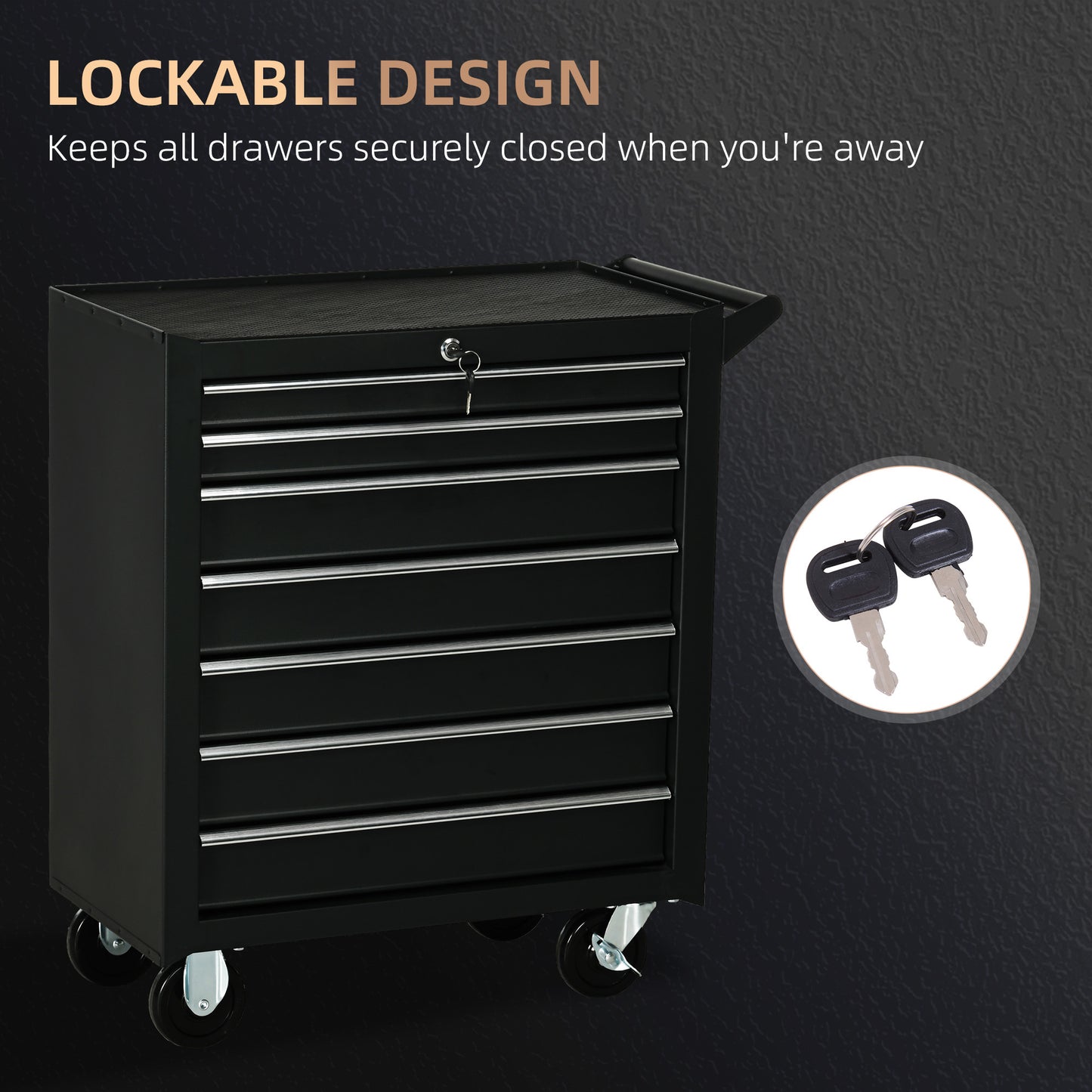 7-Drawer Tool Box on Wheels, Lockable Tool Cabinet with EVA Pat & Ball Bearing, Matte Black