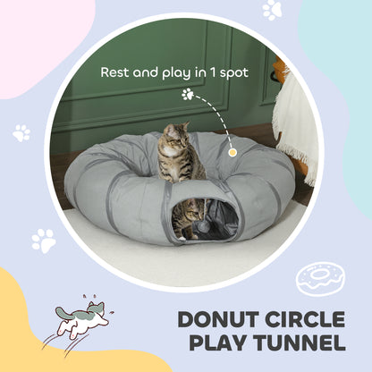 2 in 1 Cat Tunnel with Bed, Cat Play Tunnel with Ball & Peek Hole for Indoor Cats, Grey