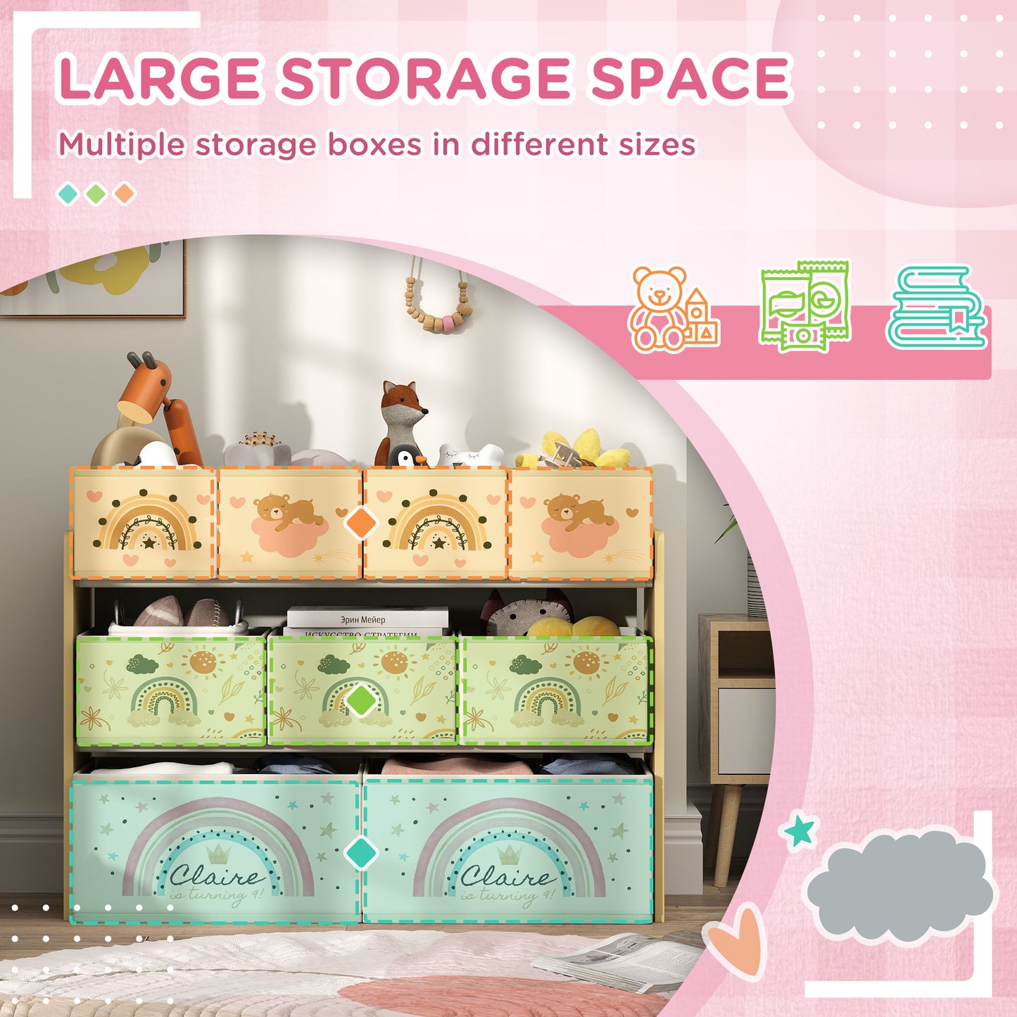 3-Tier Kids Storage Unit with 9 Non-Woven Fabric Boxes for Toys, Books, for Bedroom, Nursery, Yellow