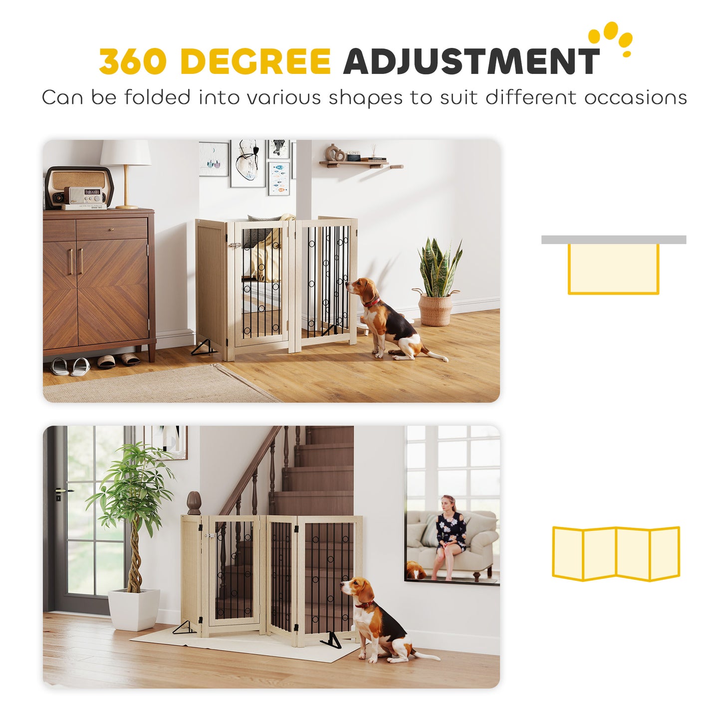 4 Panel Freestanding Pet Gate, Indoor Dog Barrier with Lockable Door, Support Feet, 360° Flexible Hinges, Oak