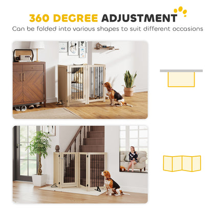 4 Panel Freestanding Pet Gate, Indoor Dog Barrier with Lockable Door, Support Feet, 360° Flexible Hinges, Oak