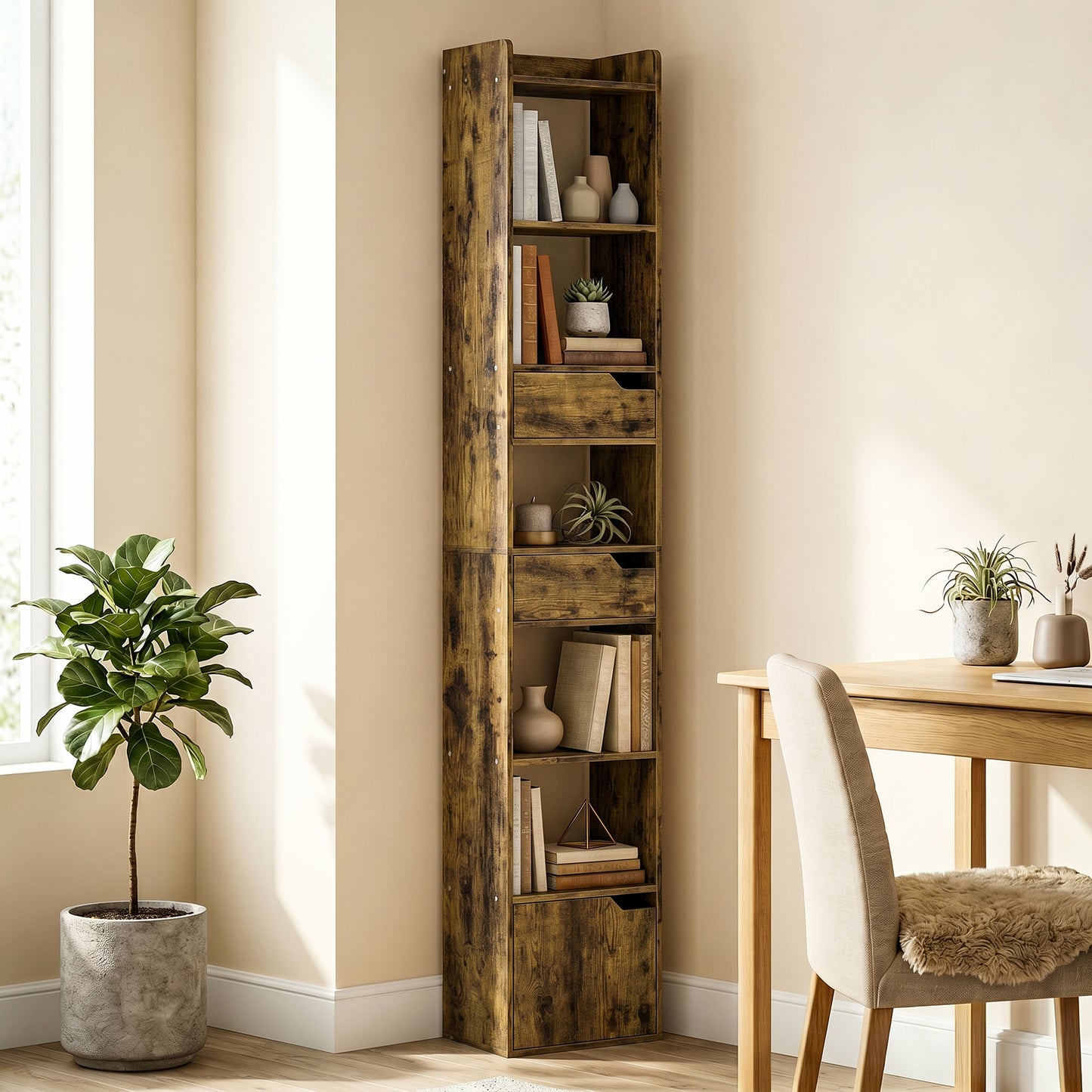 Bookcase Tall Narrow with 5 Tiers and Drawers Freestanding Bookshelf Storage Cabinet for Living Room Rustic Brown