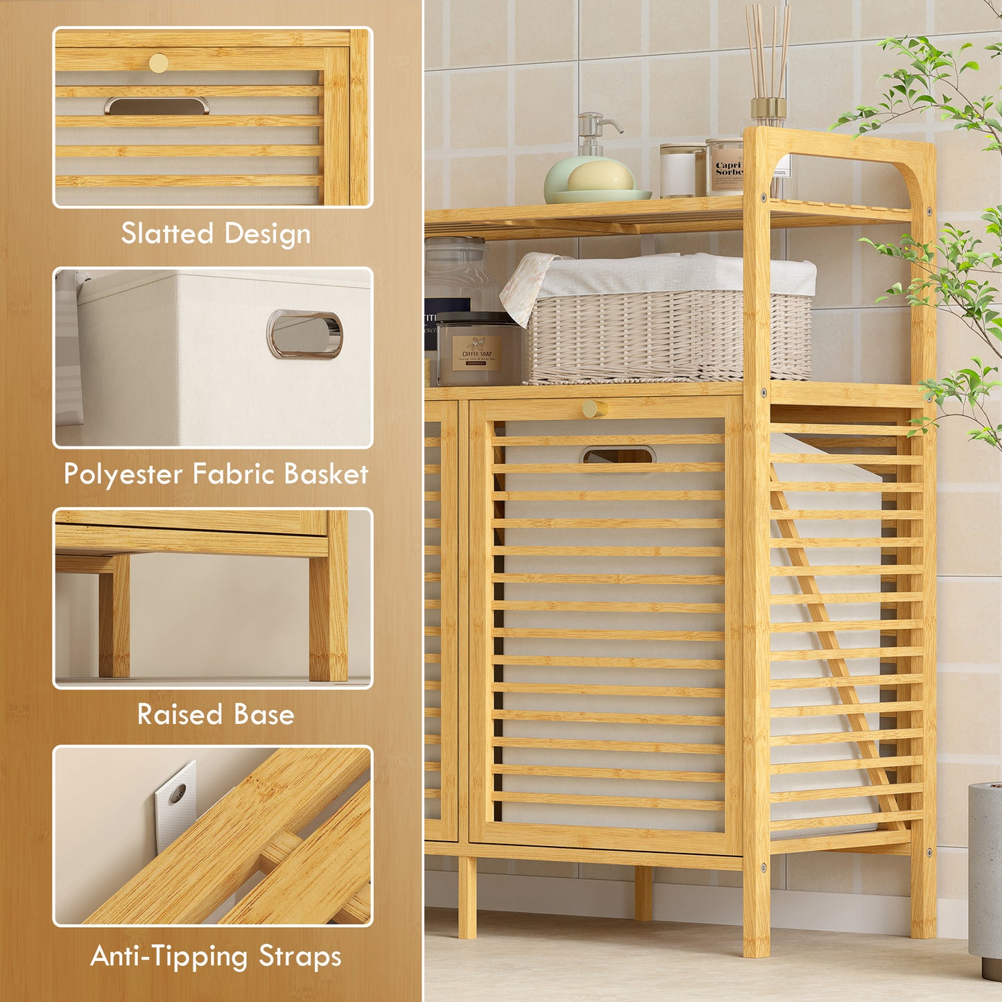 Double Tilt Out Bamboo Laundry Cabinet, Freestanding Bathroom Cabinet with 2 Removable Baskets, Natural