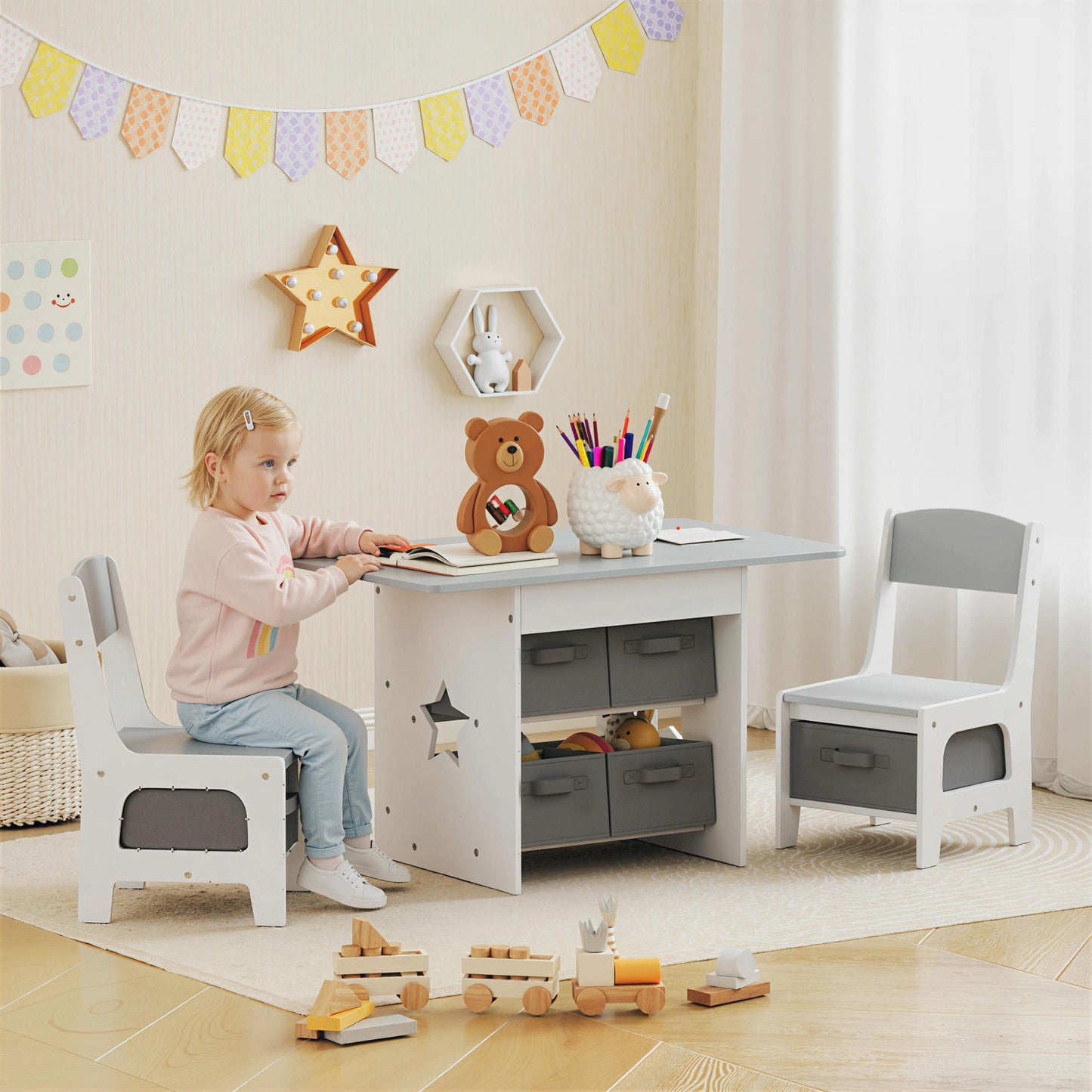 Kids Table and Chair Set, Toddler Table and 2 Chairs Set with 6 Removable Drawers, for Boys Girls Ages 3-8, Light Grey