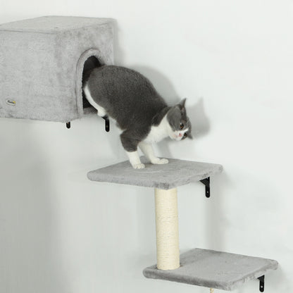6-Piece Cat Wall Shelves Set with Condo, Cat Wall Furniture with Platforms, Sisal Scratching Post, Bed, Toy Ball, Grey