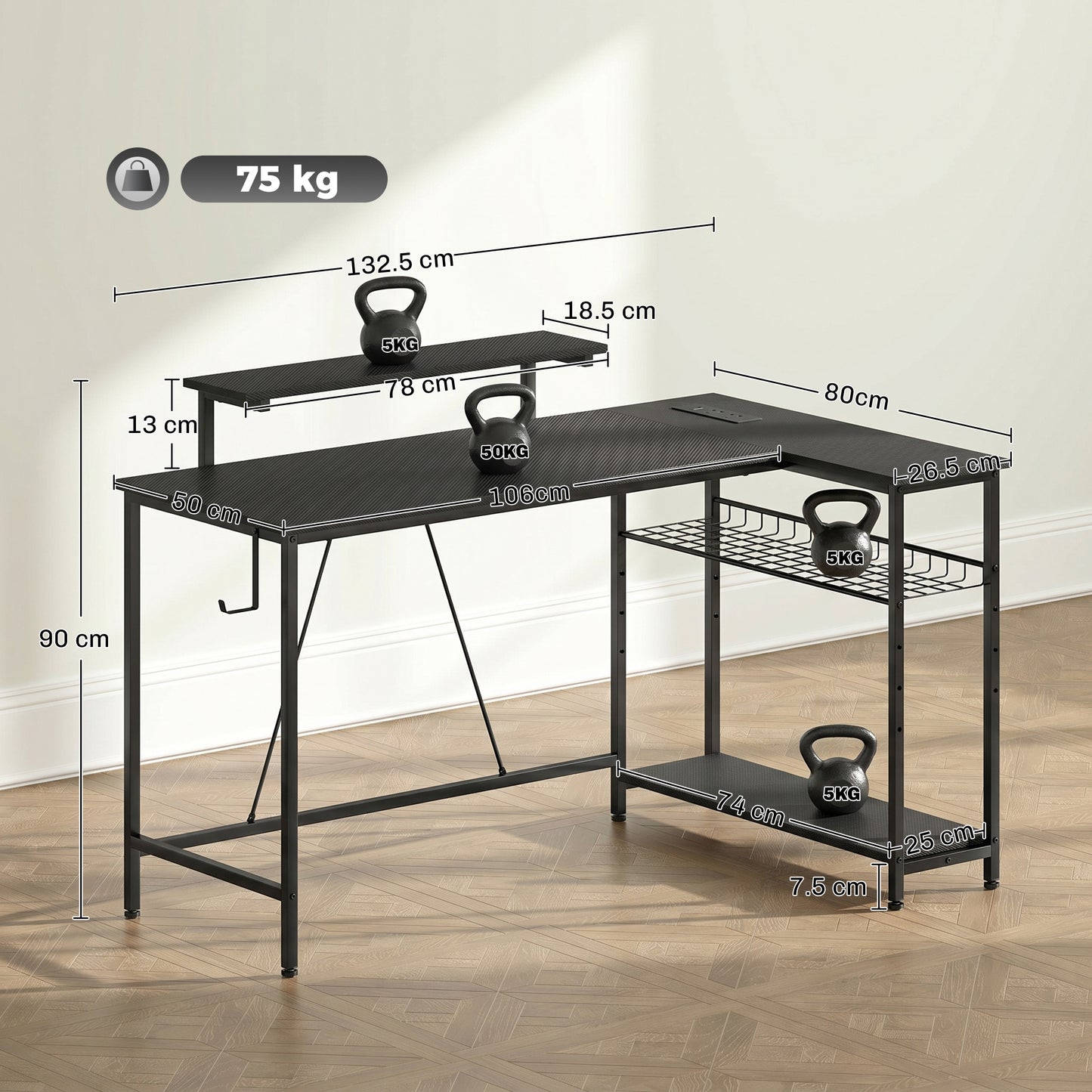Reversible 'L' LED Light Gaming/Work Desk - Black