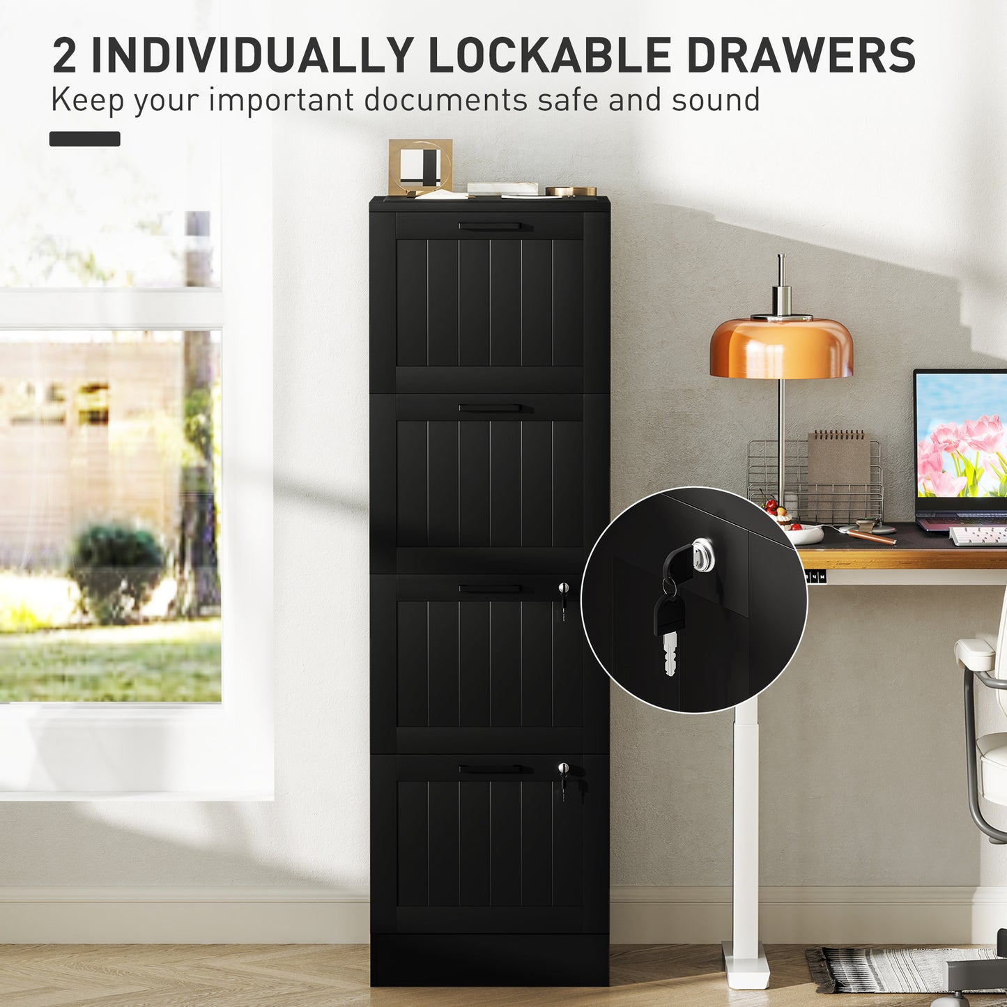 4 Drawer Filing Cabinet with Lock, Office Storage Cabinet with Adjustable Hanging Bars for A4 Letter Size Files, Black