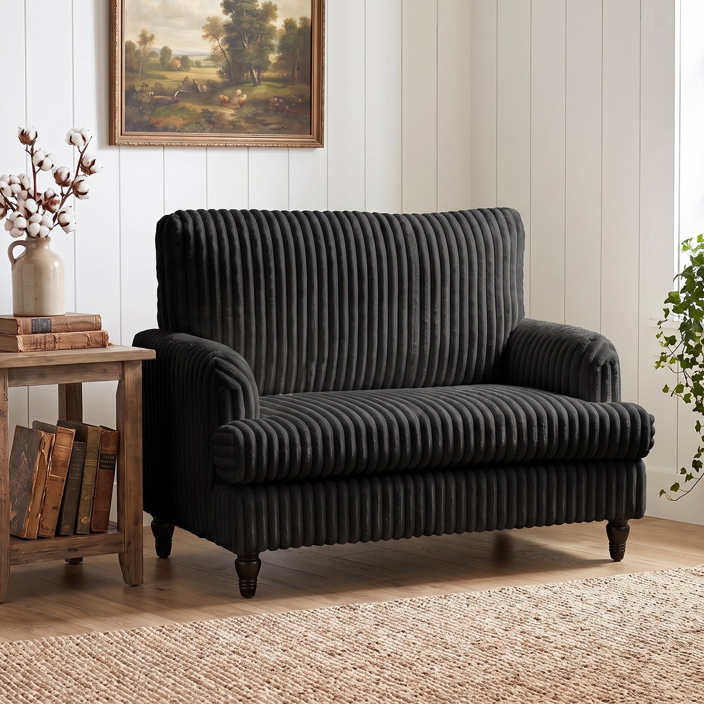 Corduroy Single Sofa Armchair, Modern Accent Chair with Stripes, Turned Legs and Wide Seat, Black