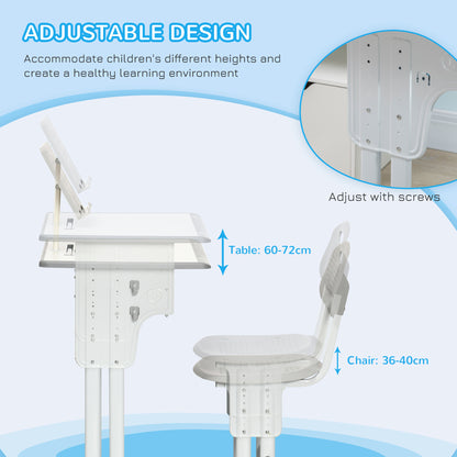 Kids Adjustable Desk and Chair Set, Book Stand, Pen Slot - Grey
