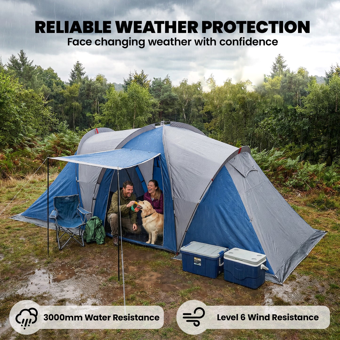Family Camping Tent 3000mm Waterproof Windproof Tunnel Tent 6 Person, Navy Blue & Light Grey