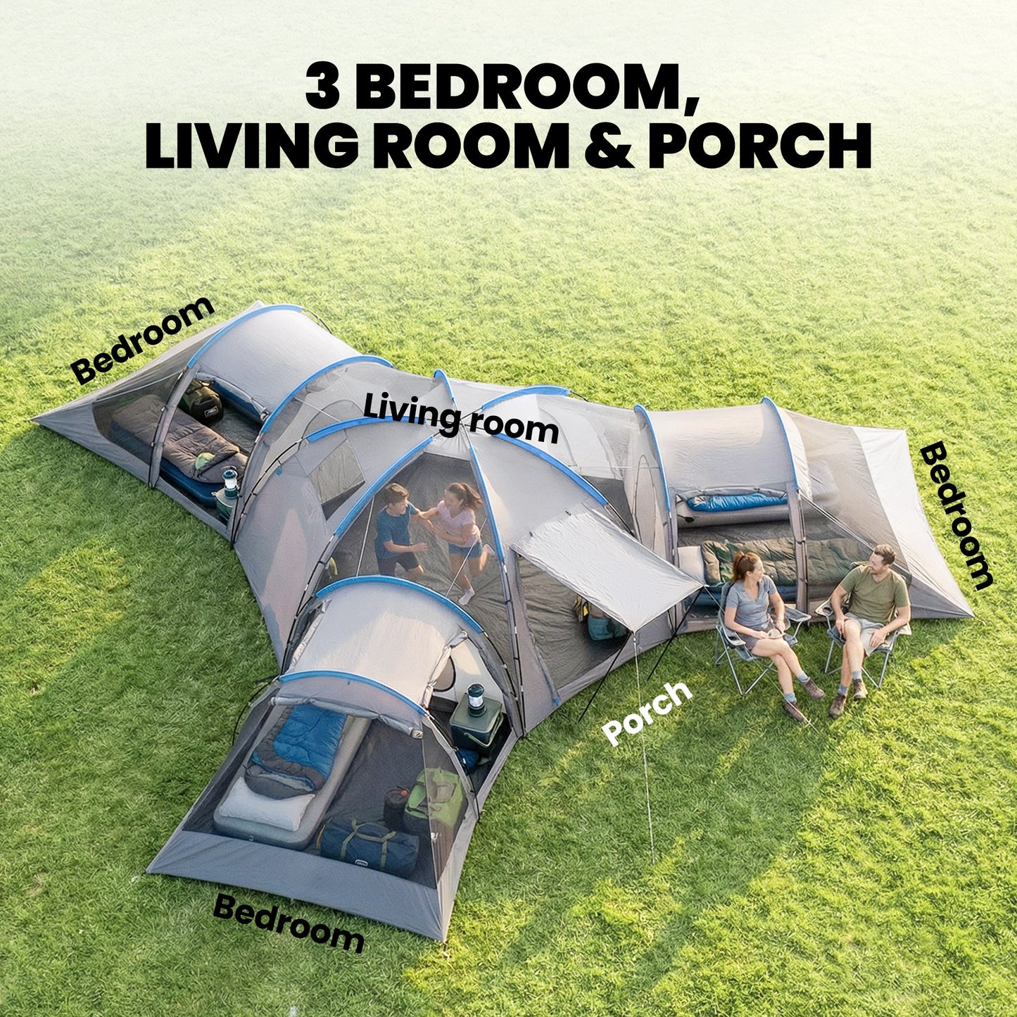6-9 Man Large Tunnel Tent with 3 Bedrooms, Living Area and Porch, Stand-up Camping Tent, Portable with Bag, Light Grey