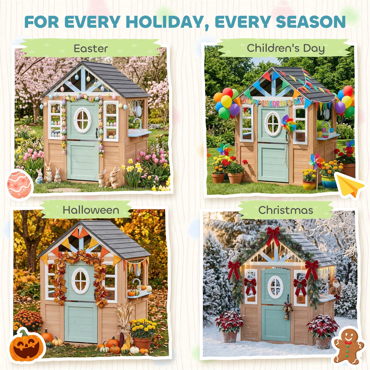 Wooden Playhouse for Kids, Wendy House with Pet Door, Play Kitchen, Half Door and Windows for Indoor Outdoor, Ages 2+
