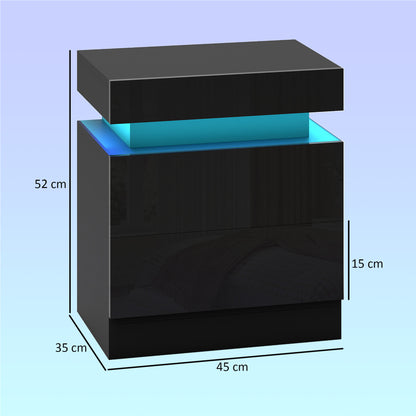 Black Bedside Table with LED Light, High Gloss Front Nightstand with 2 Drawers, for Living Room, Bedroom, Set of 2