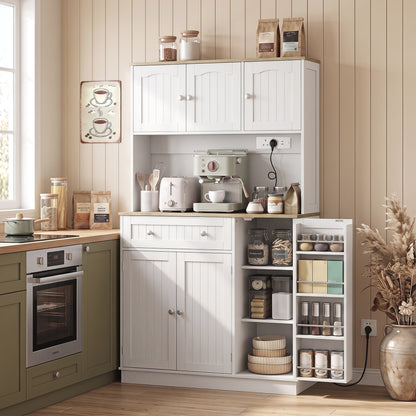 173 cm Tall Kitchen Cupboard with Charging Station, Pantry Storage Cabinet with Adjustable Shelves and 4 Door Racks