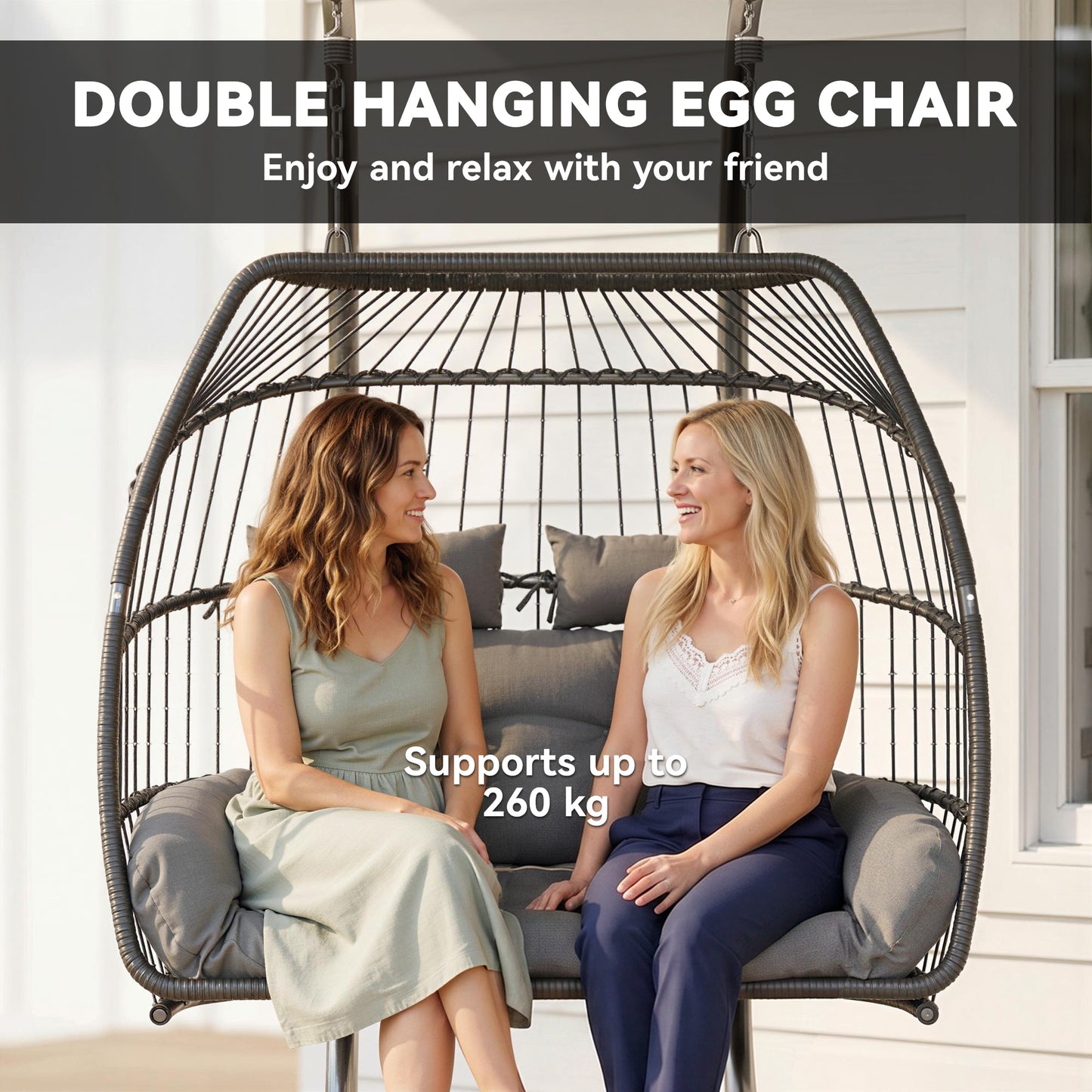 Rattan Double Hanging Egg Chair with Stand, Foldable Wicker Swing Egg Chair with Cushion, Head Pillows, Steel Frame