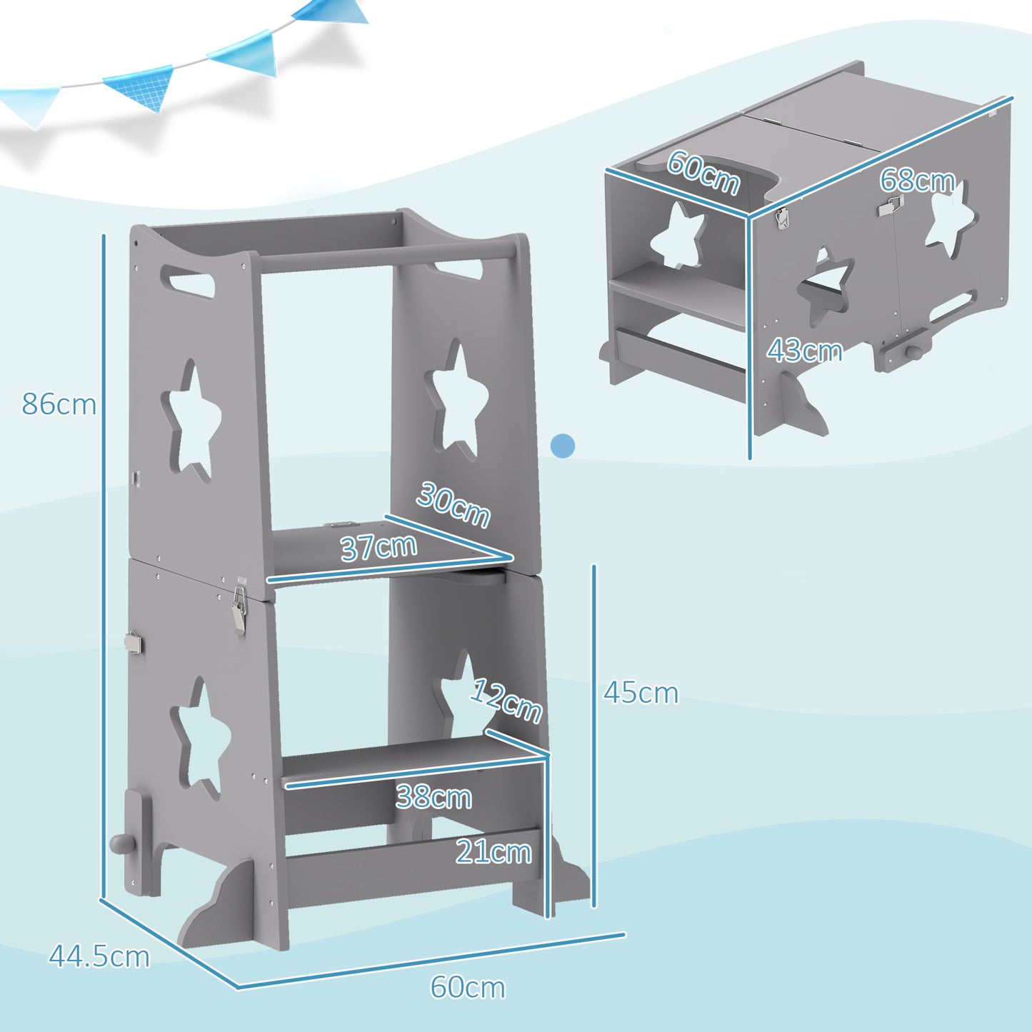 2-in-1 Toddler Step Stool with Safety Rail for Kitchen, Bathroom, Grey