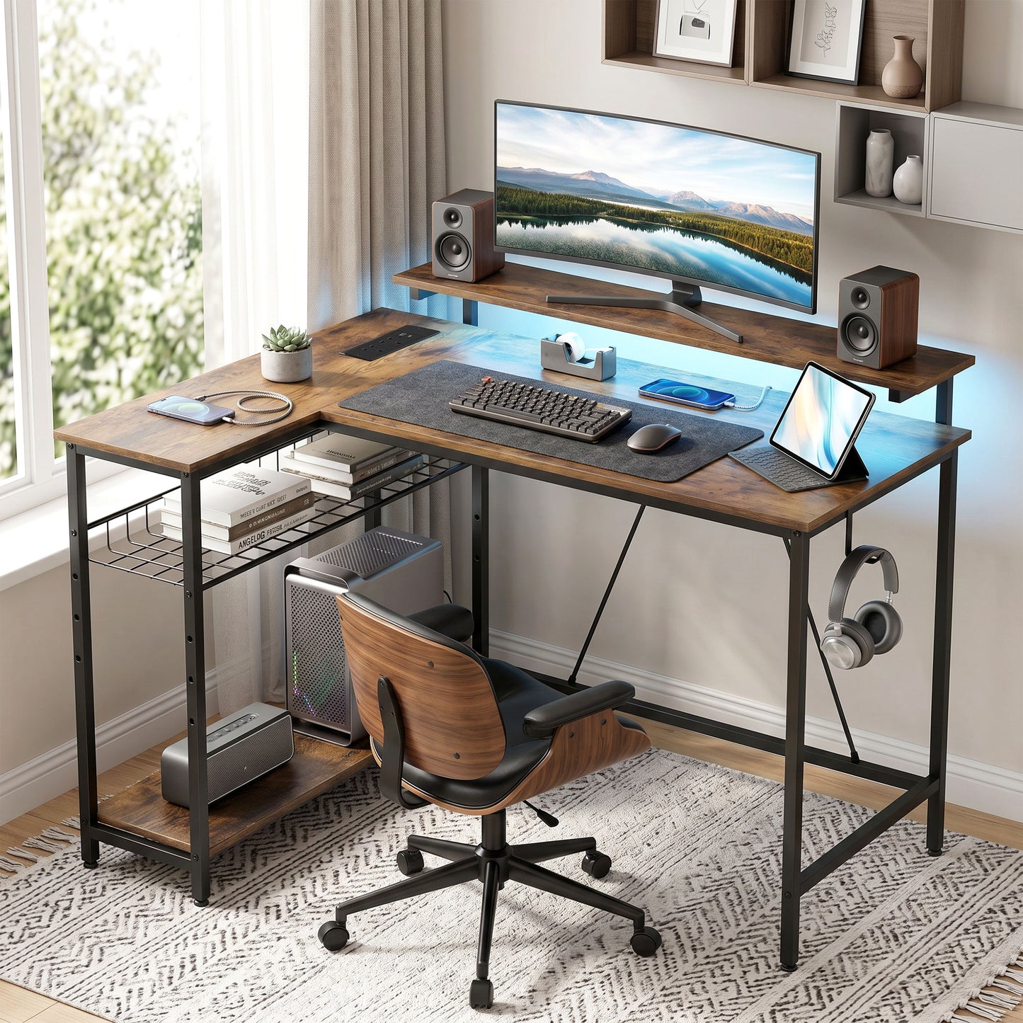 Reversible 'L' LED Light Gaming/Work Desk - Rustic Brown