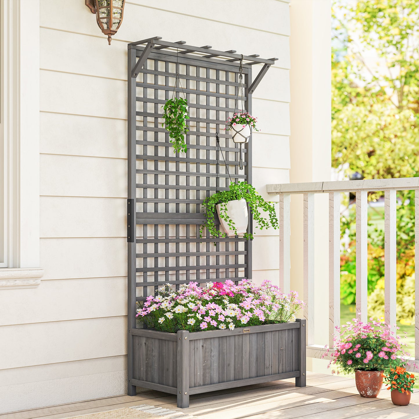 Raised Bed with Drainage Holes, Wood Planter with Trellis for Climbing Plants, Dark Grey