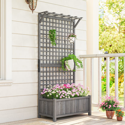 Raised Bed with Drainage Holes, Wood Planter with Trellis for Climbing Plants, Dark Grey