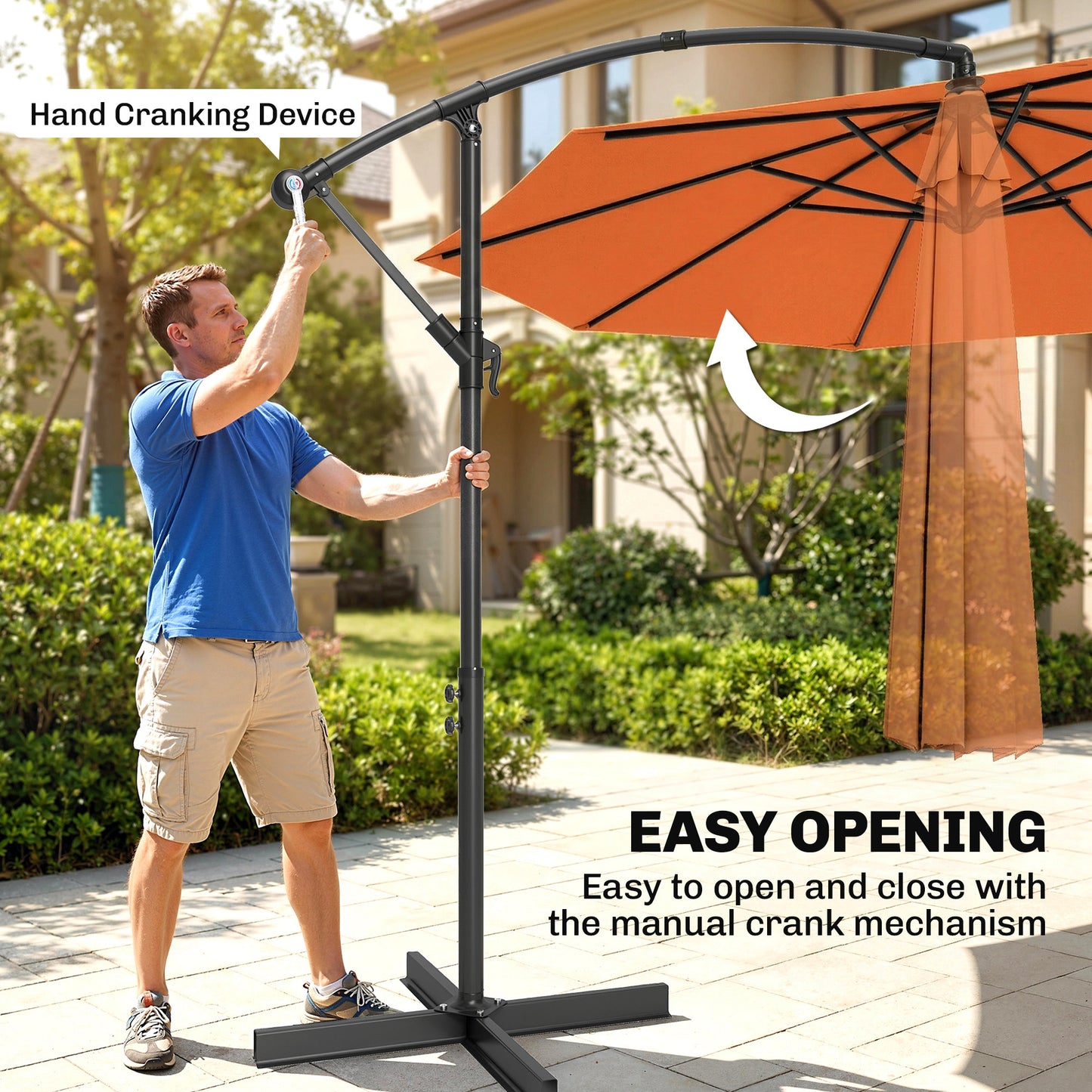 3 m Cantilever Parasol with Cross Base, Offset Outdoor Umbrella with Crank Handle, Hanging Sun Shade, Orange