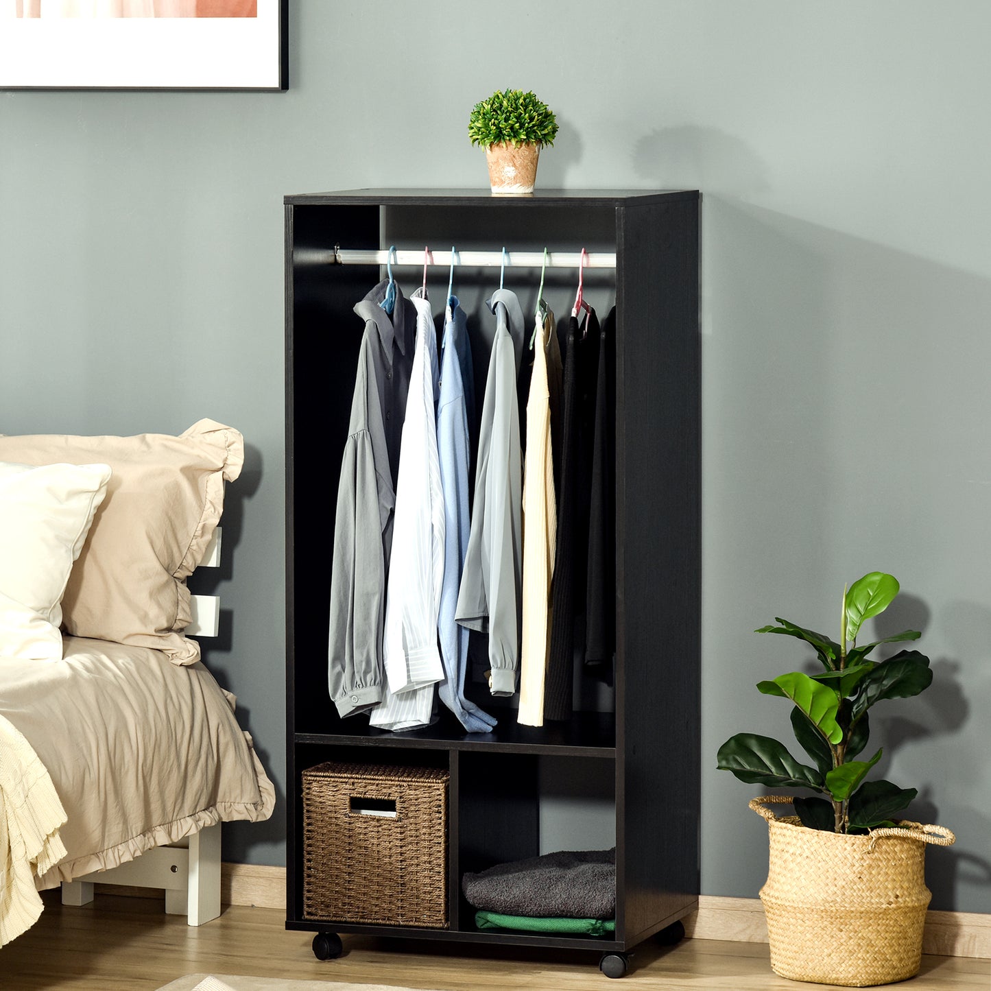Open Wardrobe on Wheels, Bedroom Wardrobe with Clothes Hanging Rail, 2 Storage Shelves, Mobile Garment Rack for Cloakroom