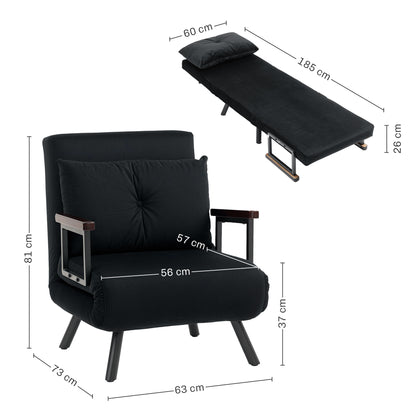 4-in-1 Velvet-Feel Single Chair Bed, with Pillow - Black