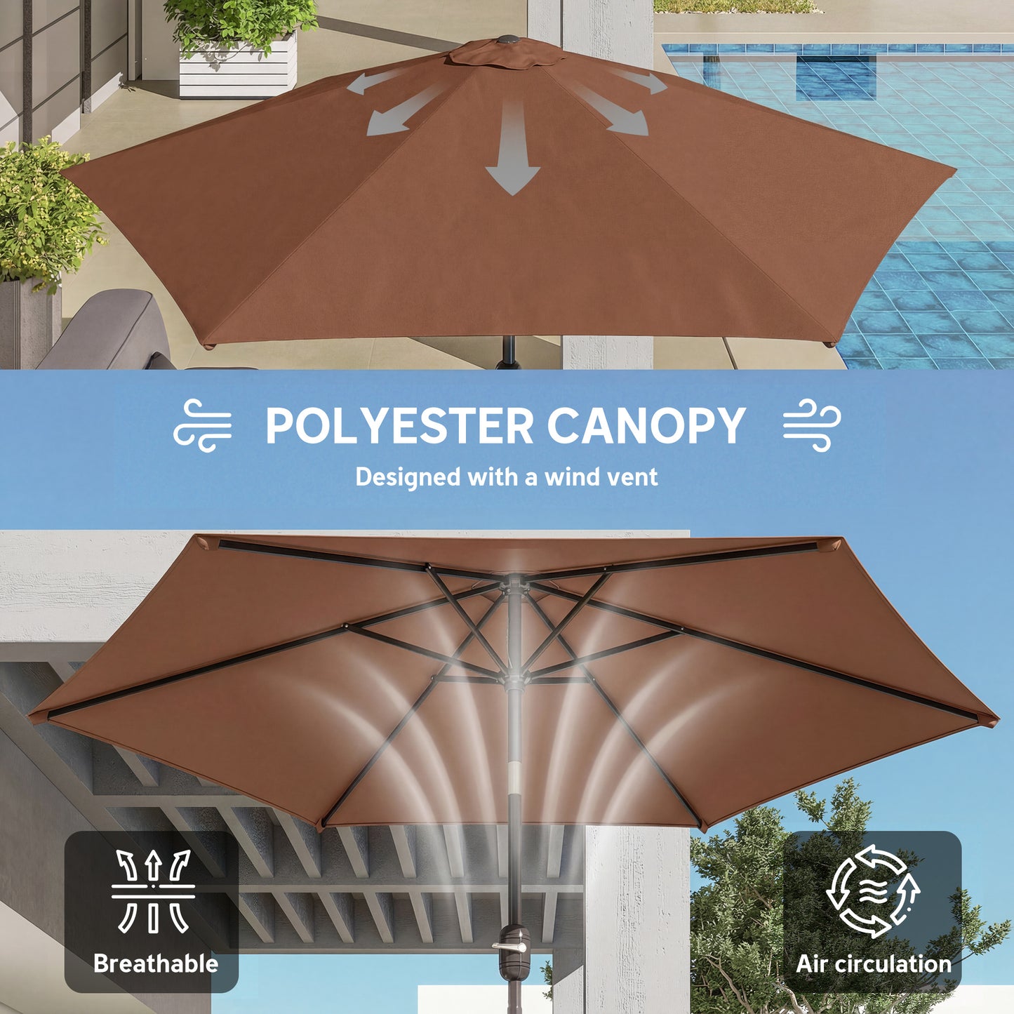 2.6 m Garden Parasol Umbrella with Aluminium Pole, Outdoor Patio Umbrella with Tilt and Crank, Vent, Coffee