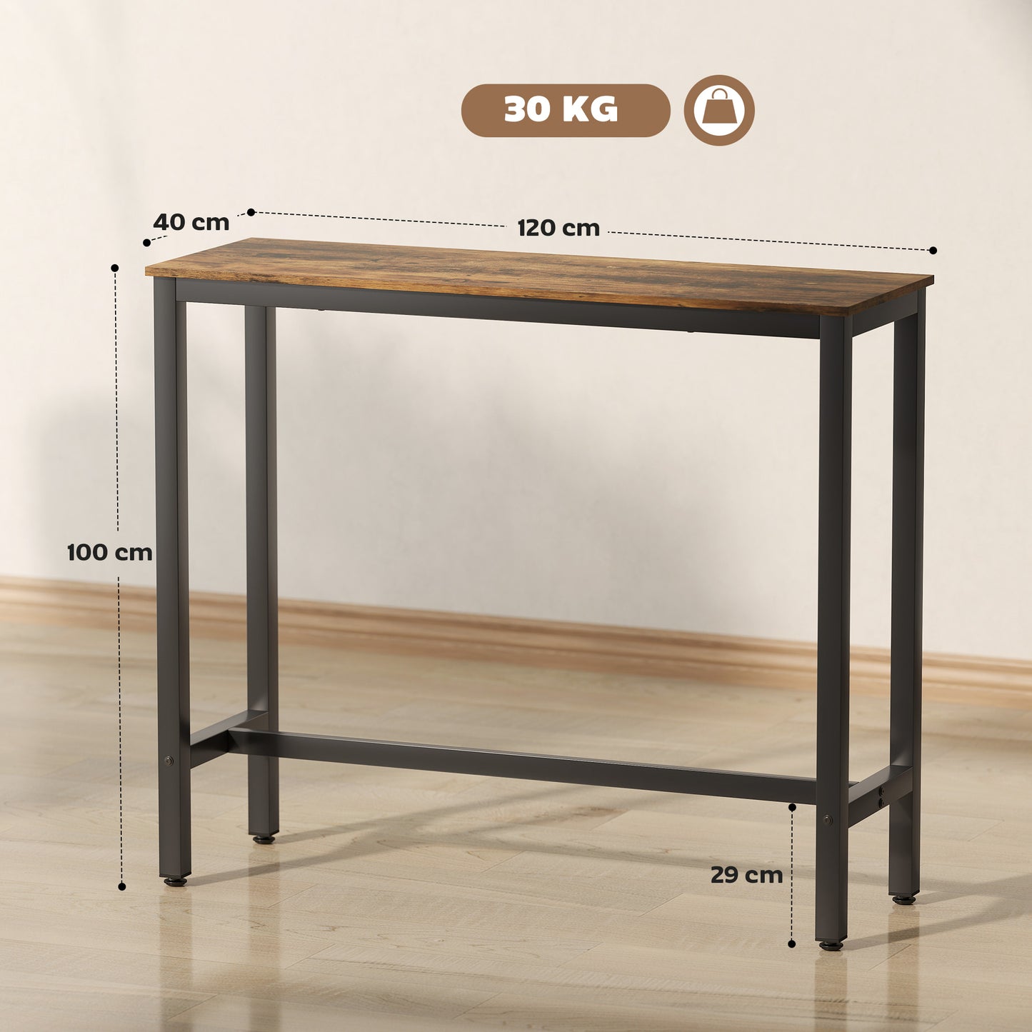 Rectangular Bar Table, Wood Effect Pub Coffee Table for Small Space, Breakfast Dining, Kitchen, Industrial, Rustic Brown