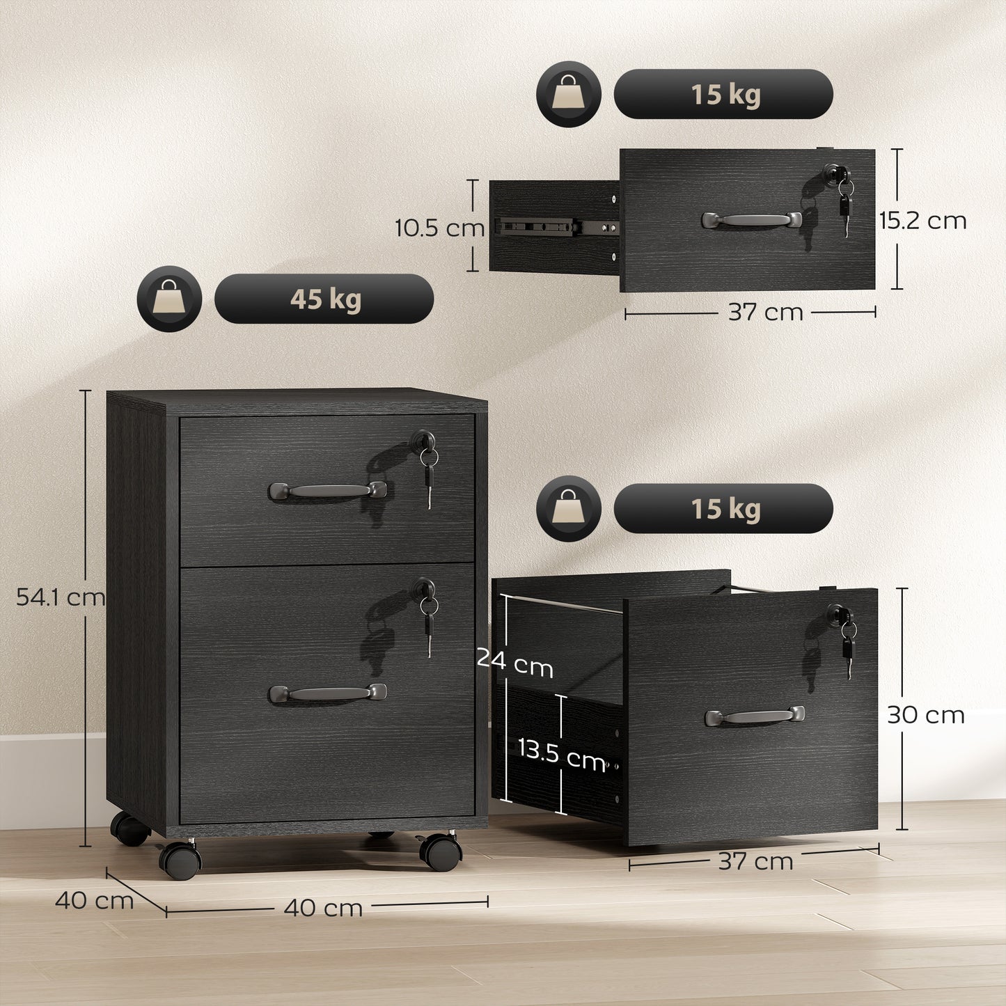 Rolling File Cabinet with 2 Drawers, Mobile Filing Cabinet with Hanging File Folder for Letter Sized Documents, Black