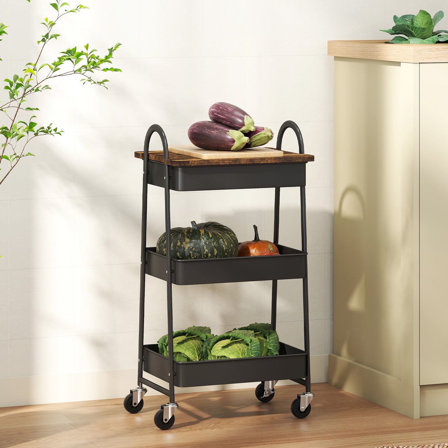 3-Tier Kitchen Storage Trolley with on Wheels Cover Top Board - Rustic Brown and Black