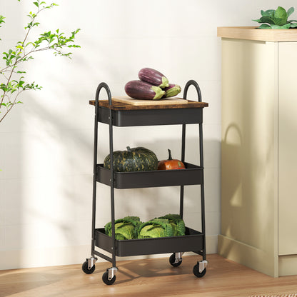 3-Tier Kitchen Storage Trolley with on Wheels Cover Top Board - Rustic Brown and Black