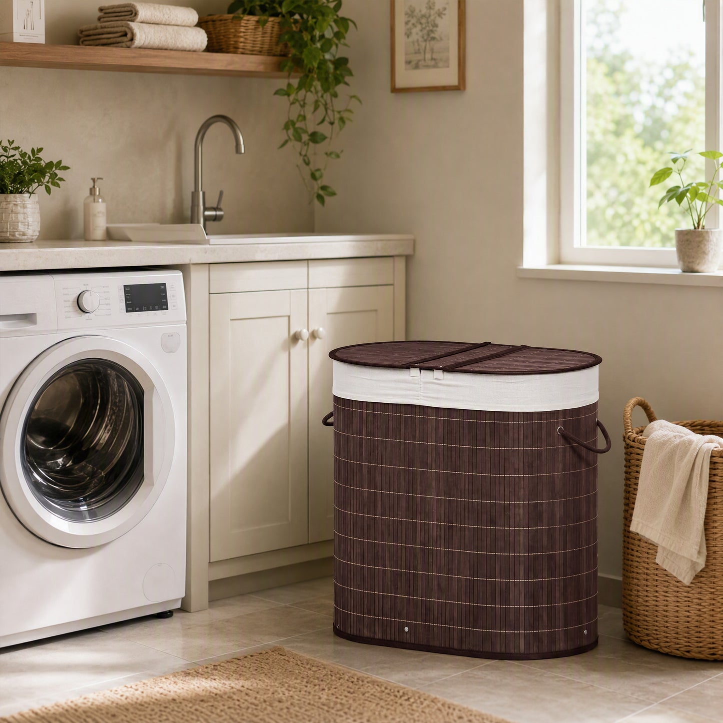 100L Bamboo Laundry Basket with Lid, Washing Basket with 2 Compartments, Handles, Removable Liner, Brown