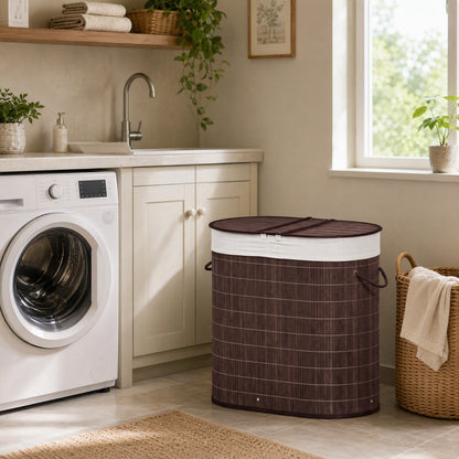 100L Bamboo Laundry Basket with Lid, Washing Basket with 2 Compartments, Handles, Removable Liner, Brown