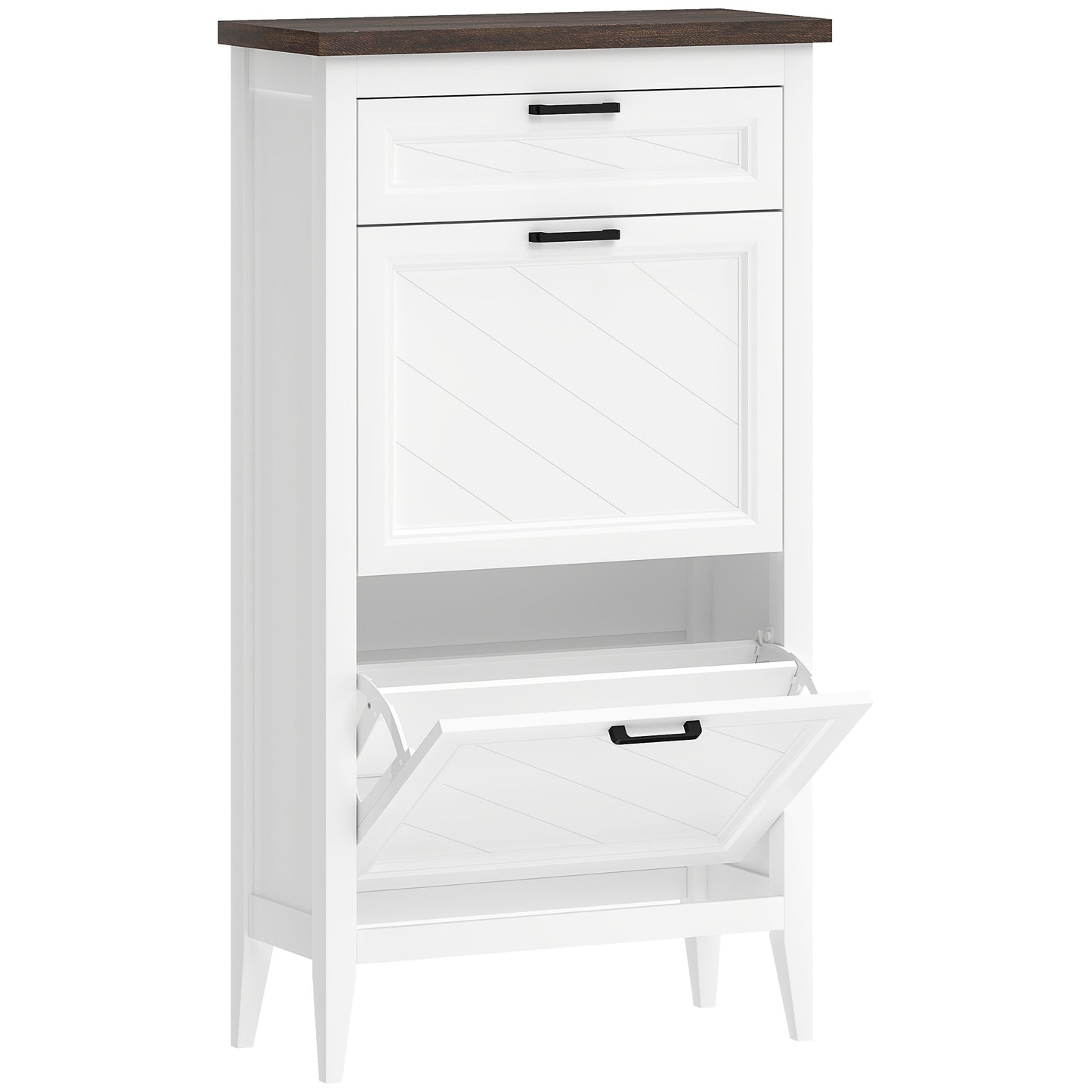 Shoe Cabinet with 2 Flip Drawers, Farmhouse Narrow Shoe Storage Cabinet with Adjustable Shelves, White