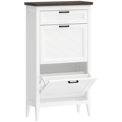 Shoe Cabinet with 2 Flip Drawers, Farmhouse Narrow Shoe Storage Cabinet with Adjustable Shelves, White