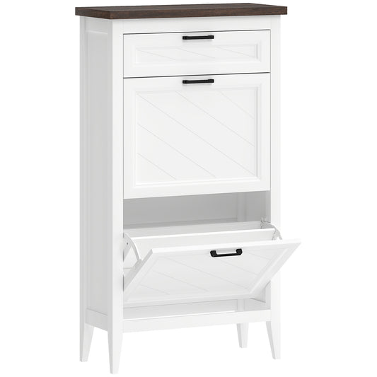 Shoe Cabinet with 2 Flip Drawers, Farmhouse Narrow Shoe Storage Cabinet with Adjustable Shelves, White