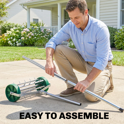 Garden Rolling Lawn Aerator Heavy Duty Steel Grass Roller w/ Adjustable Handle