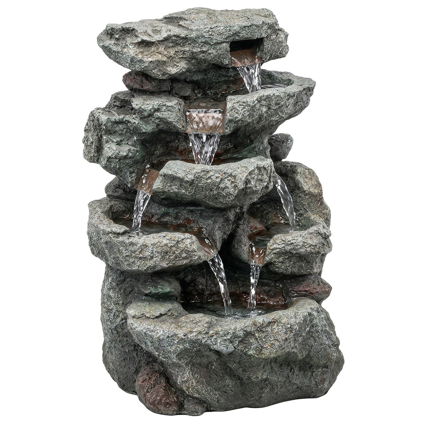 Outdoor Fountain with 6-Tier Rock Design, Waterfall Feature with LED Lights, Resin Freestanding Garden Fountain, Grey