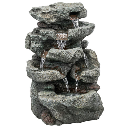 Outdoor Fountain with 6-Tier Rock Design, Waterfall Feature with LED Lights, Resin Freestanding Garden Fountain, Grey