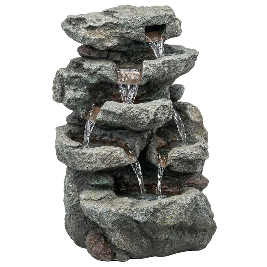 Outdoor Fountain with 6-Tier Rock Design, Waterfall Feature with LED Lights, Resin Freestanding Garden Fountain, Grey