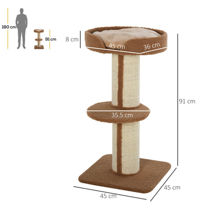 91cm Cat Tree, Cat Tower with Scratching Post, Bed, Perch, Removable Cushion for Indoor Kittens, Brown