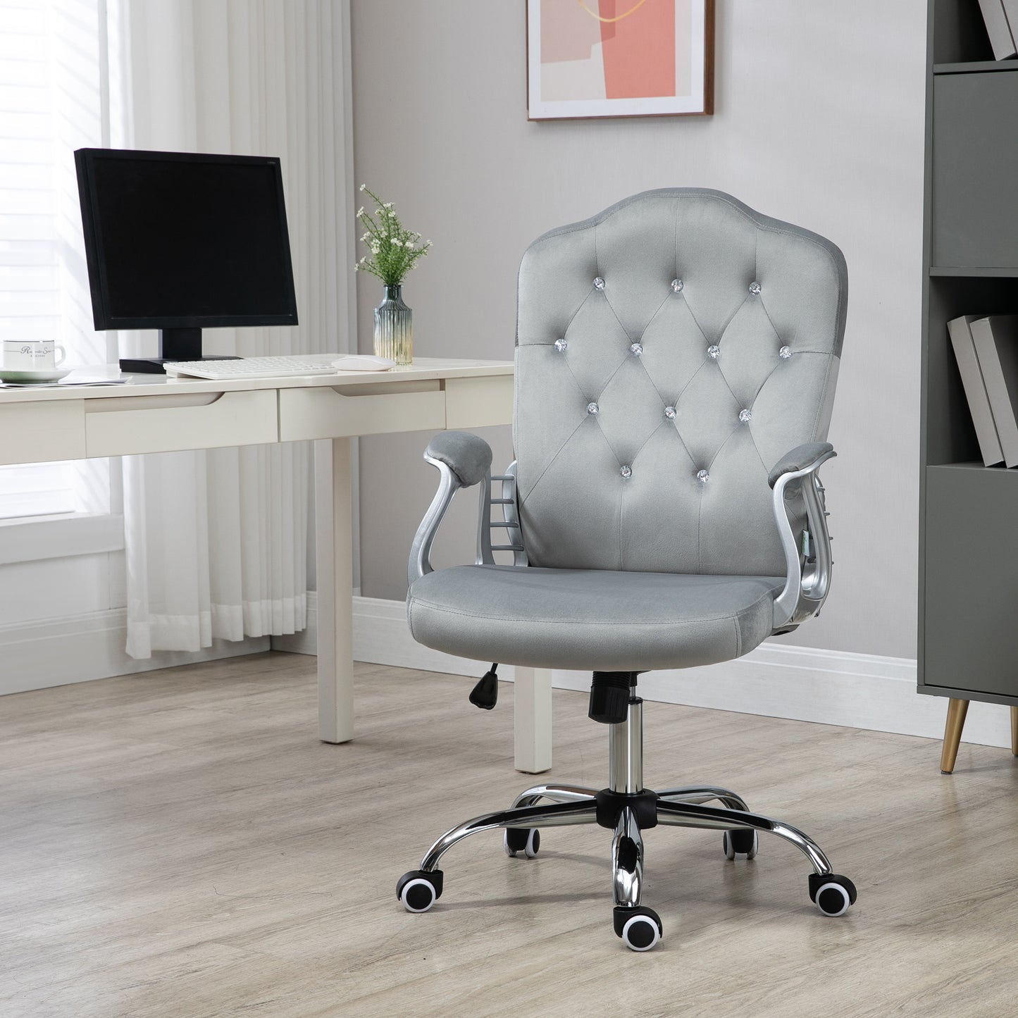 Velvet-Feel Work Chair, with Diamante Back - Grey
