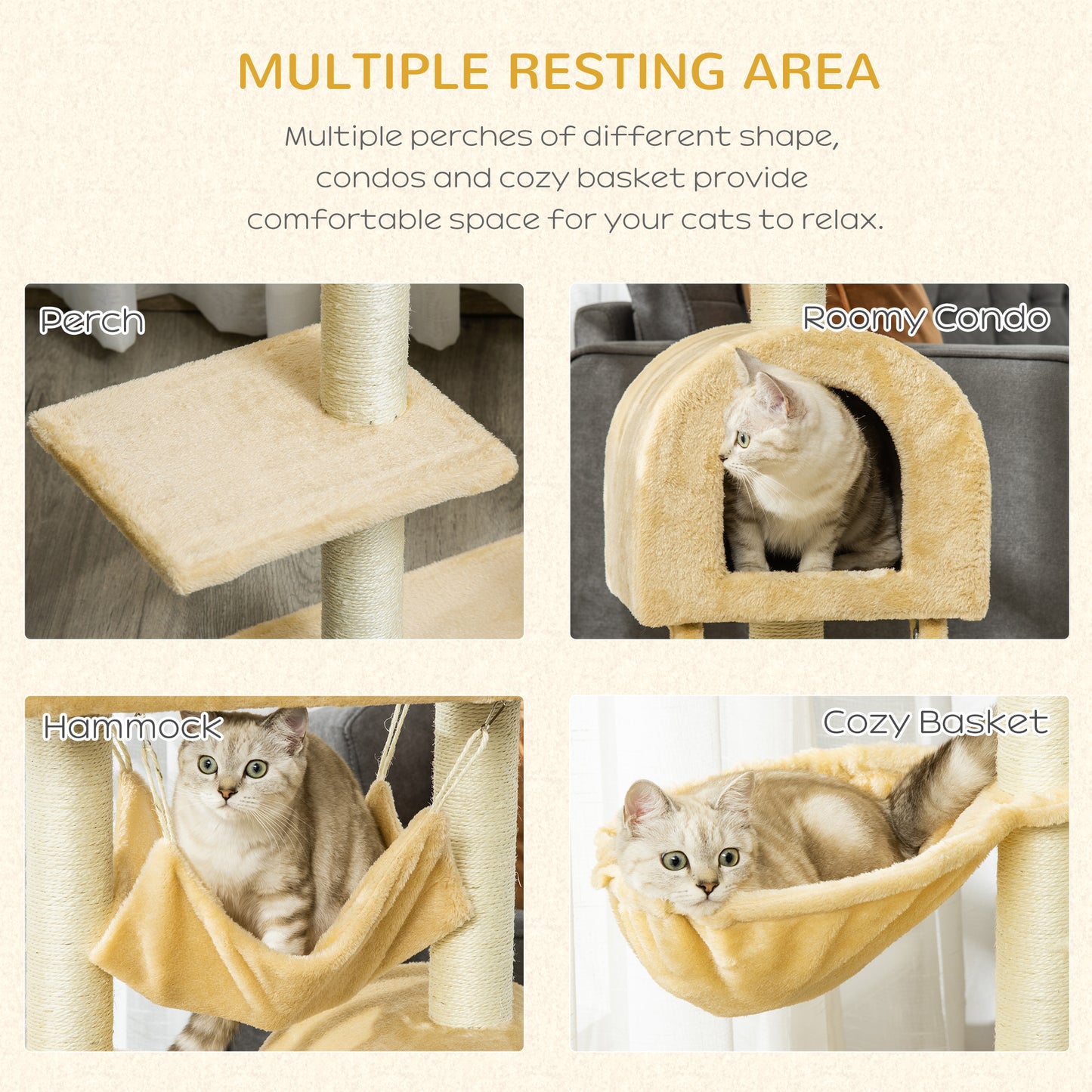 Cat Tree Tower for Indoor Cats Kitten Activity Centre Scratching Post w/ Hammock House Basket Ladder - Beige